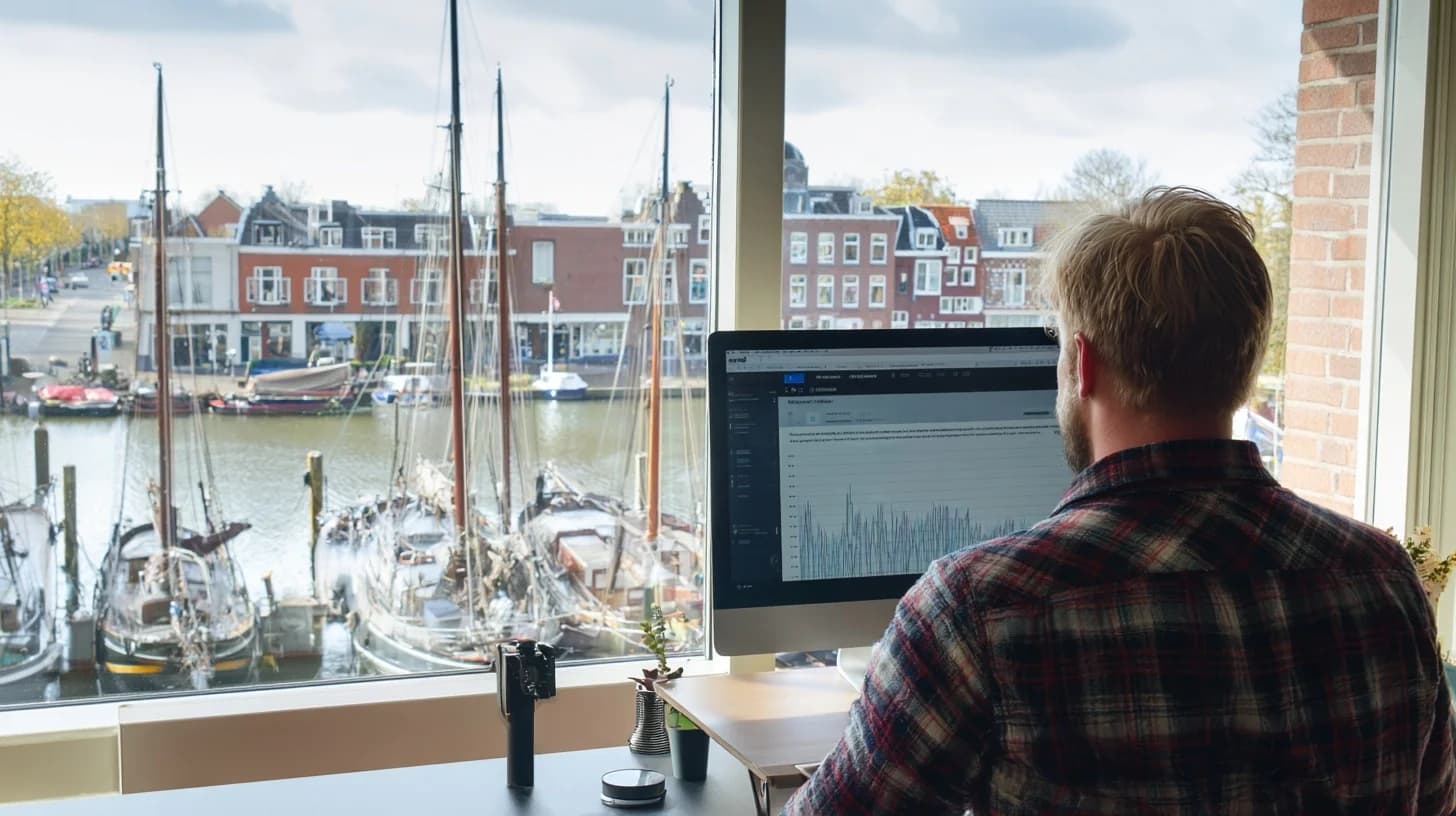 SEO specialist analyseert rankings met uitzicht op historische haven van Hoorn