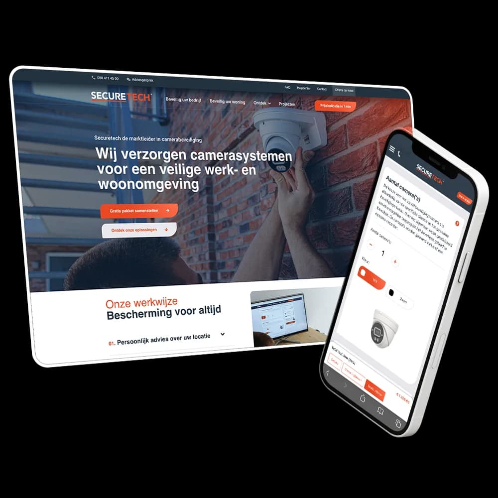 Securetech case overzicht met camerabewaking systeem en monitor