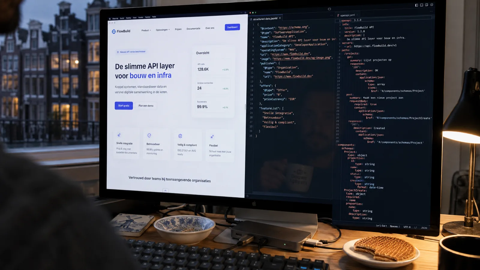 Twee monitors met Amsterdam grachten op de achtergrond, een toont een FollowNow API-layer en de ander een JSON-LD en OpenAPI specificatie in een dark IDE