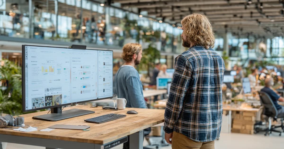 Team werkt samen met AI dashboards in modern kantoor
