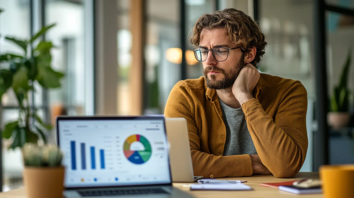 Ondernemer bekijkt GA4 analytics op laptop in moderne werkruimte