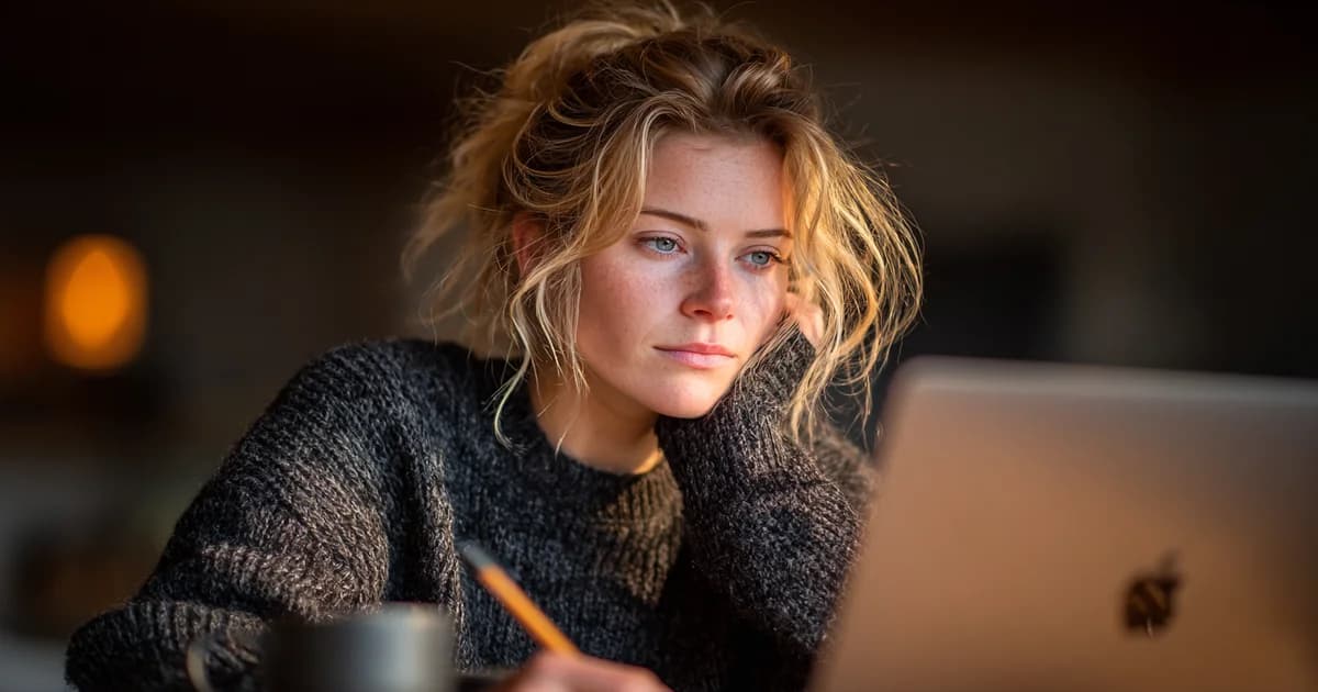 Schrijver werkt aan SEO-content op laptop met zoekwoordanalyse op scherm