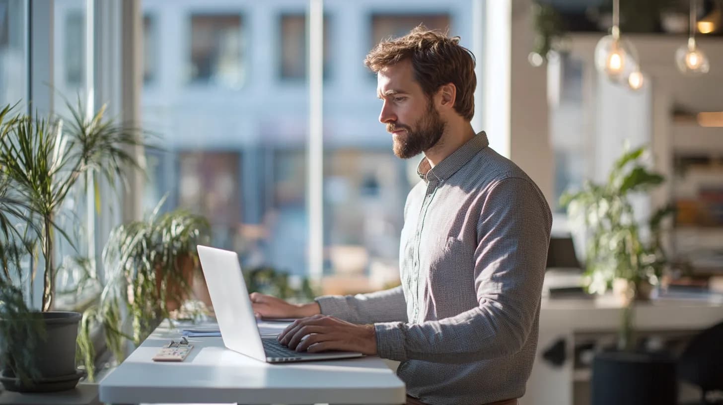 Ondernemer configureert Shopify webshop achter laptop op kantoor