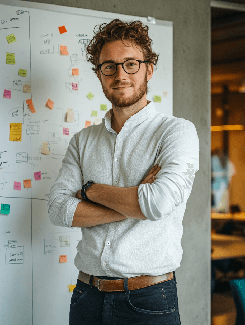 Ondernemer schetst workflow op whiteboard