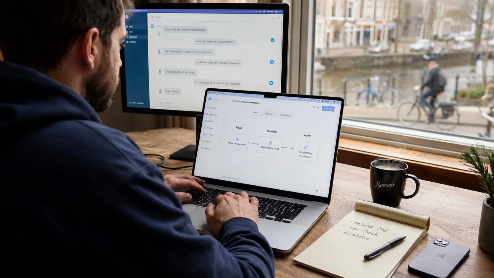 Ondernemer aan een houten bureau bij een Amsterdamse grachtenraam werkt aan een AI-workflow builder op een MacBook met een tweede monitor die een chat in het Nederlands toont Ondernemer aan een houten bureau bij een Amsterdamse grachtenraam werkt aan een AI-workflow builder op een MacBook met een tweede monitor die een chat in het Nederlands toont